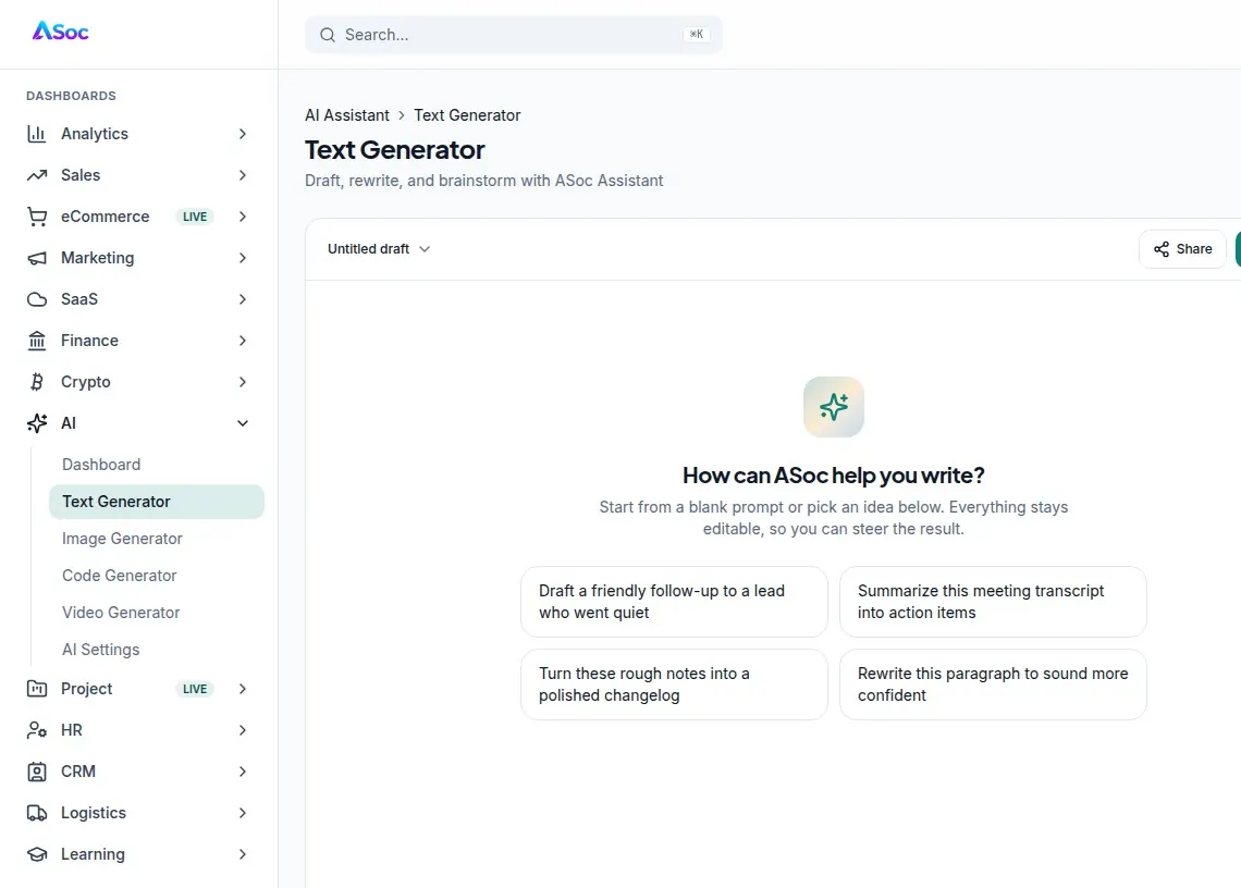 ASoc Admin AI text generator with starter prompts