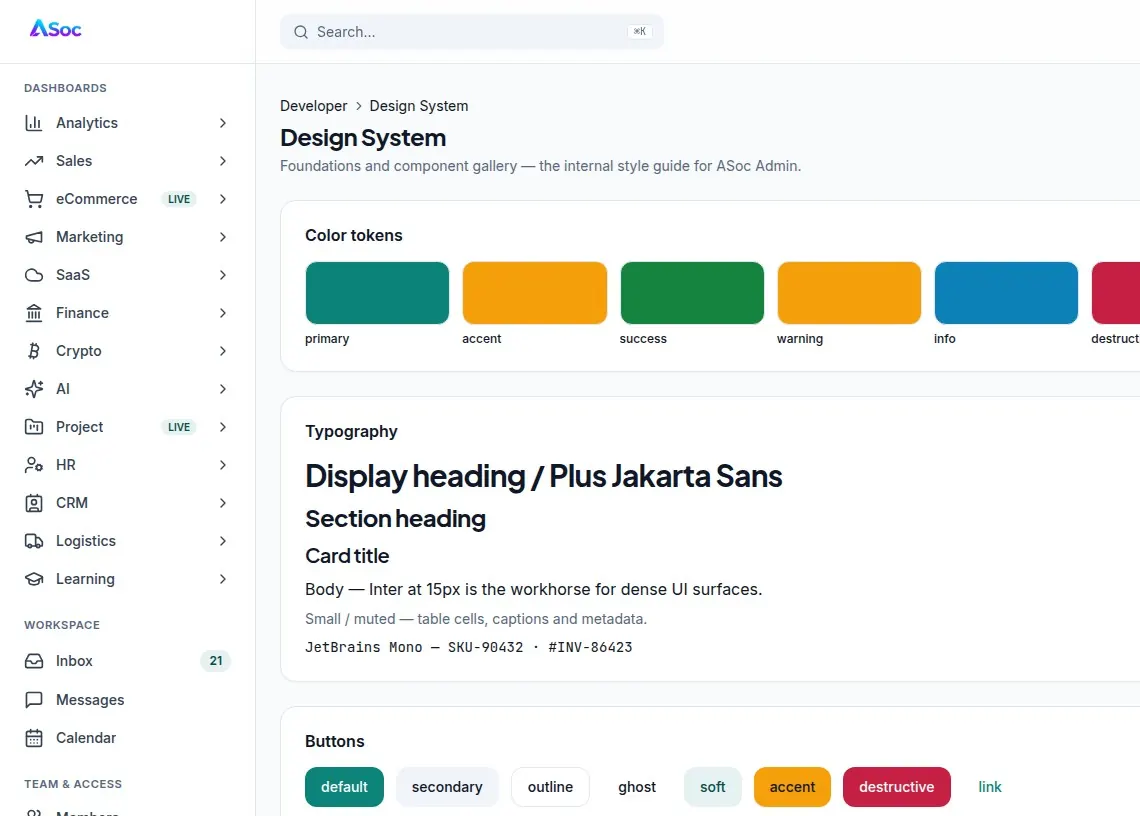 ASoc Admin design system — color tokens, typography and buttons