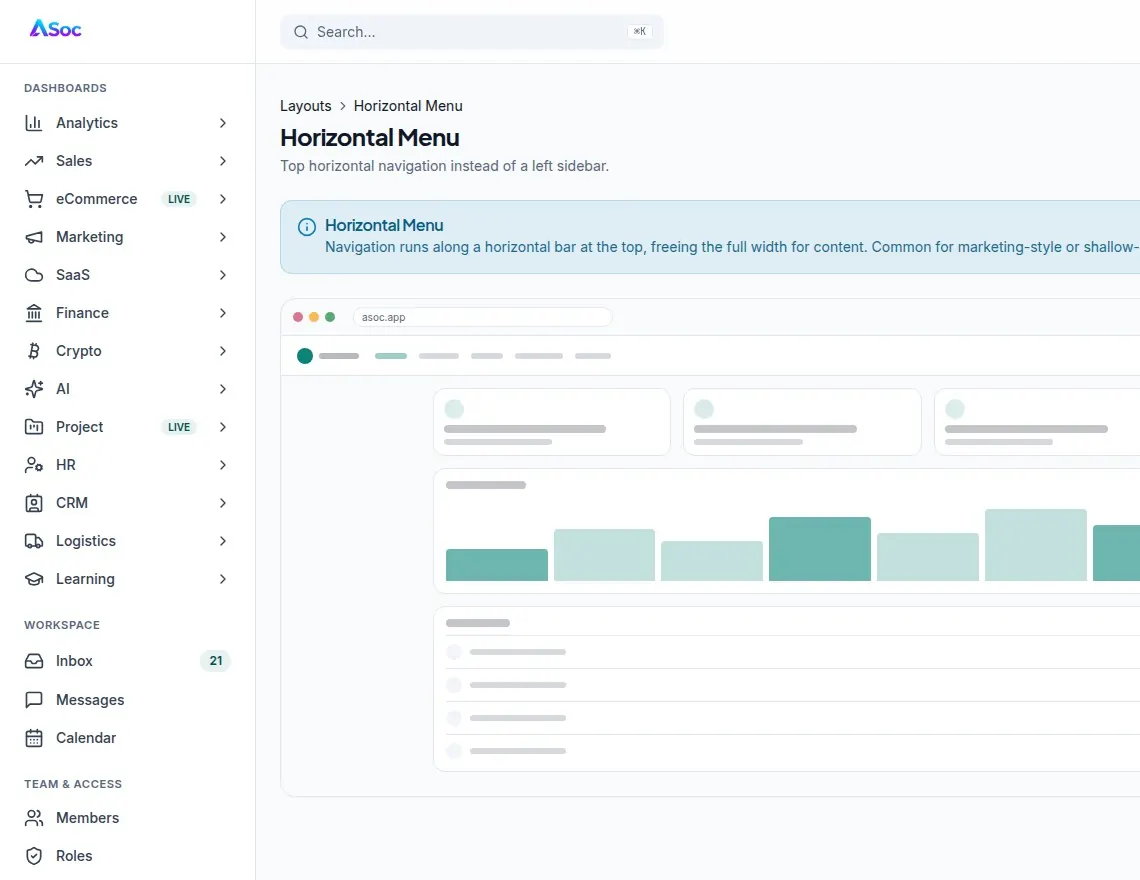 ASoc Admin layout presets — horizontal menu shell preview