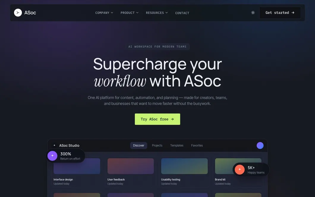 ASoc Synth — AI Workspace SaaS Landing Page Template